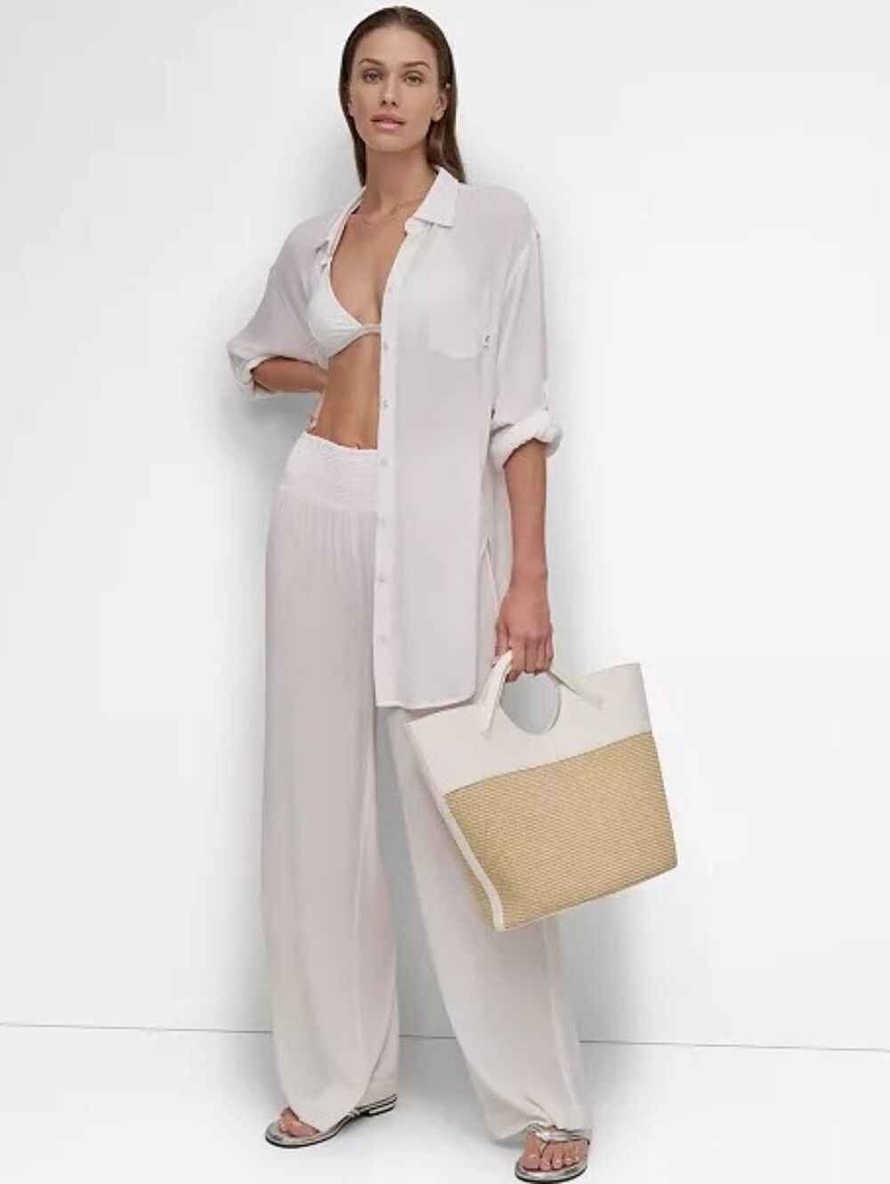 DKNY White Sheer Wide Leg Pants XL